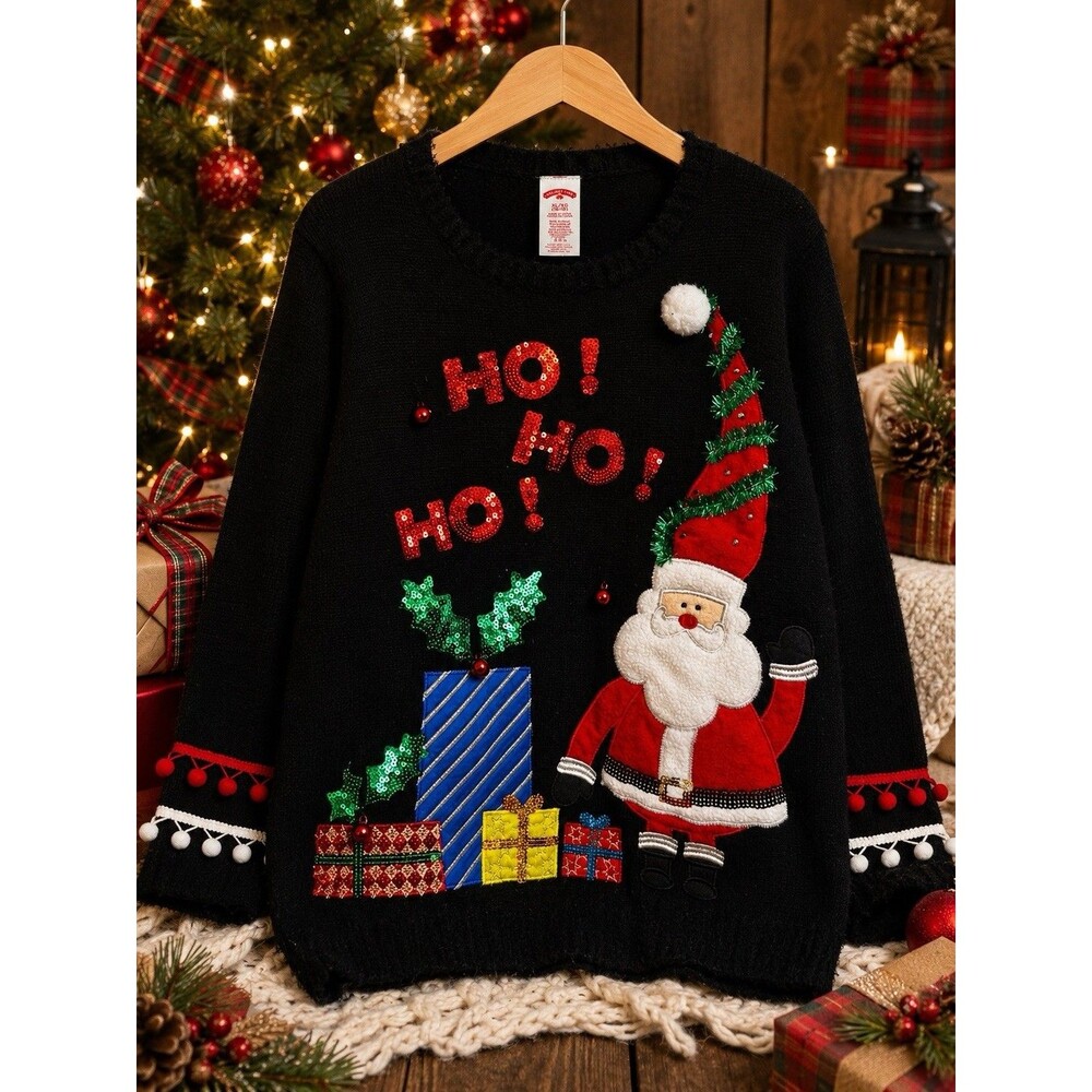 Holiday Time XL Santa Ugly Christmas Sweater Ho Ho Ho Black Festive Fun Top